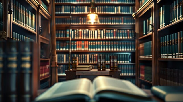 Book in library with old open textbook