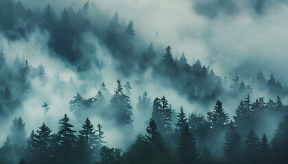 Moody forest with fog and mist