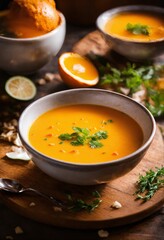 Discover the world of healthy eating with orange soup: natural ingredients and simple presentation.
