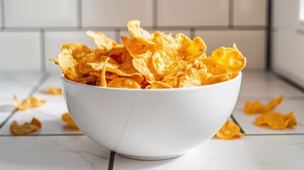 Crispy corn flakes in a bowl on a white tiled table