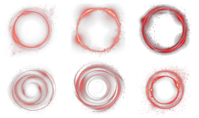 Set of glowing red abstract ring electric particle glow light effect, isolated on transparent and black background,