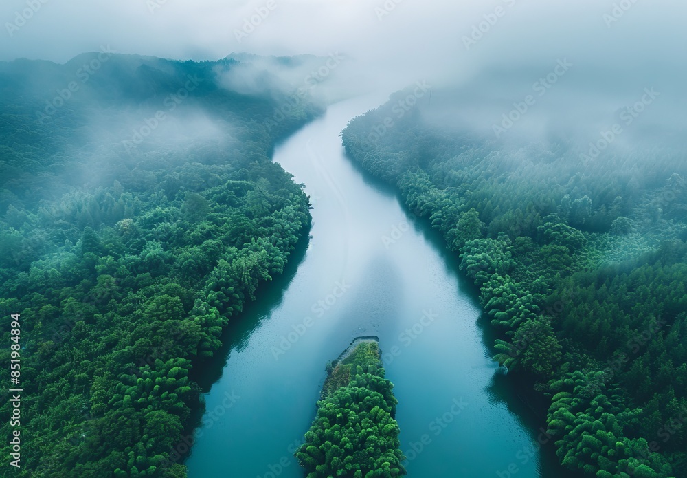 Wall mural The winding river is surrounded by dense forests, with green trees on both sides 