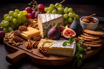 Elegant cheese platter with assorted fruits, nuts, and crackers.