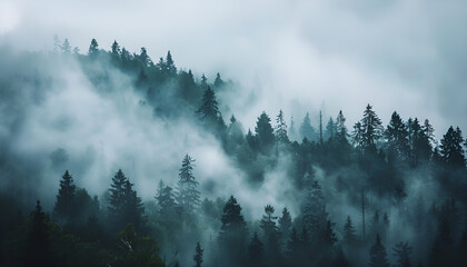Moody forest with fog and mist
