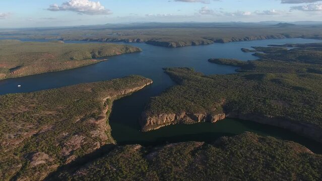 Aerial view of Xing&oacute; C&acirc;nions, formed by the flooding of the Talhado Canyon by waters from the reservoir of the Xing&oacute; Hydroelectric Plant, S&atilde;o Francisco River - Delmiro Gouveia, Alagoas, Brazil