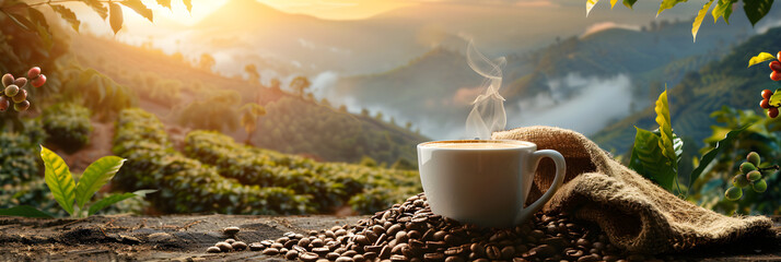 A steaming cup of coffee on a burlap mat with coffee beans, surrounded by lush green coffee plantations and mountains at sunrise