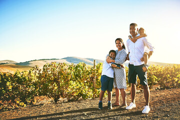 Family, children and portrait in outdoor on vacation or holiday in Tuscany for bonding, memory or...