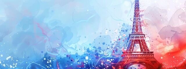 Eiffel tower in Paris, digital art style, blue and red color scheme, paint splashes, vibrant background,  illustration, closeup shot. on a minimalistic background, like a travel poster