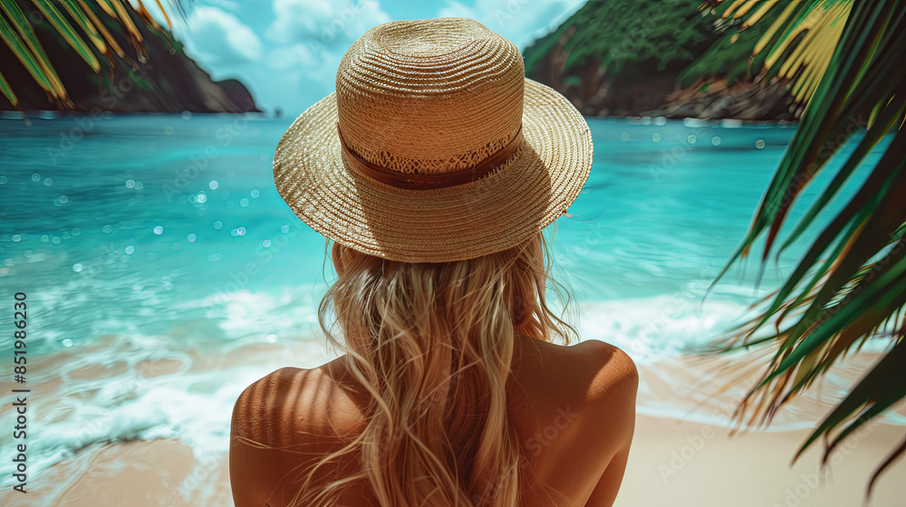 Poster woman wearing straw hat admires turquoise ocean on tropical beach - Posters
