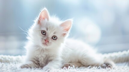 Cute Fluffy White Kitten on Bright Background