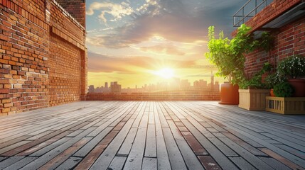 Rooftop Terrace with City Skyline at Sunset. Generative ai.