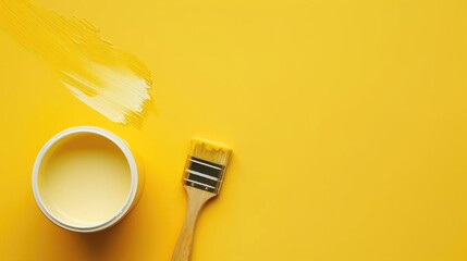 Trendy yellow background with paint can and brush Top view with copy space Home design concept for renovation and repair