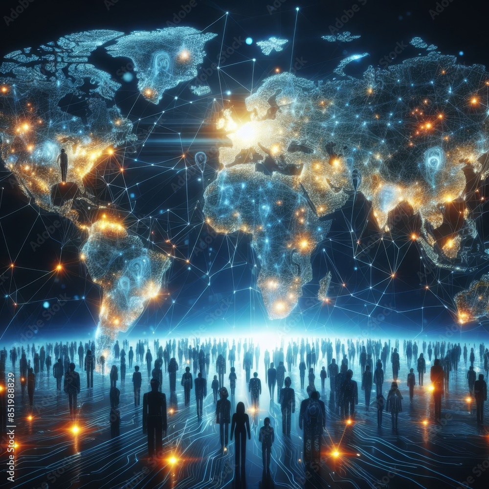 Poster a visually striking representation of a futuristic global network, showcasing interconnected contine