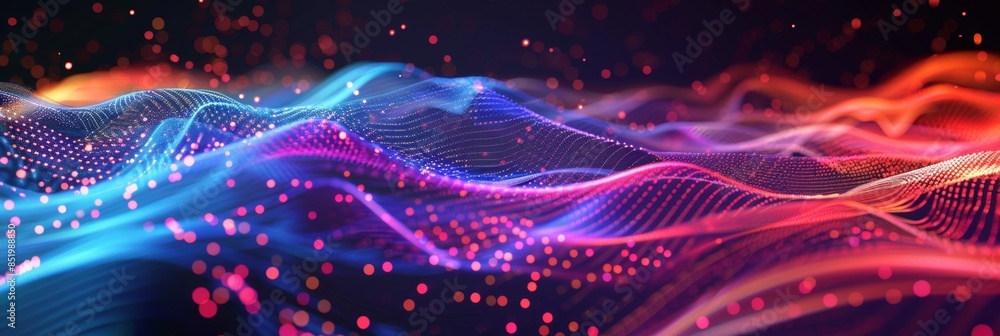 Poster digital transformation, a colorful abstract design with flowing data patterns and digital nodes, sho