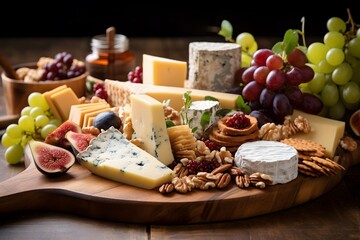 Elegant cheese platter with assorted fruits, nuts, and crackers.