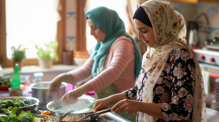 Two hijabi housewives happily cook a nutritious meal in a cozy kitchen, surrounded by fresh veggies. Genuine smiles show love in every meal