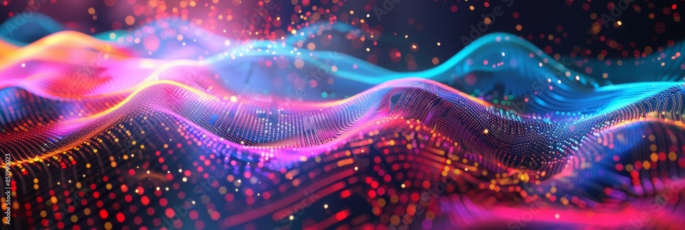Poster digital transformation, a colorful abstract design with flowing data patterns and digital nodes, sho