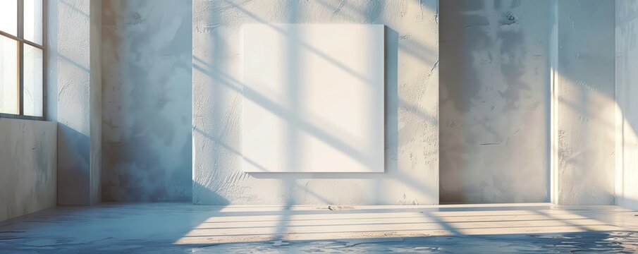 Minimalist white canvas in a bright art studio setting, sunlight casting soft shadows, ideal for adding vibrant artwork or text