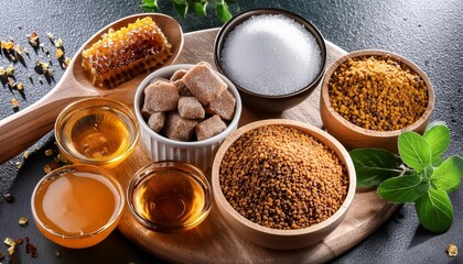 Variety of natural sweeteners - Pollen, honey, sugar and stevia leaves.