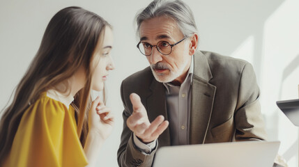 Older teacher explaining something to attentive female student in classroom. Engaged interaction highlighting guidance and learning