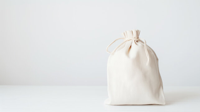 Minimalist white drawstring bag on light background. Simple and clean design emphasizing eco-friendly packaging and mockup concept