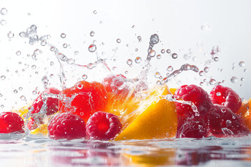 fresh fruit in water, A fresh berry-citrus juice splash frozen in mid-air against a pure white background