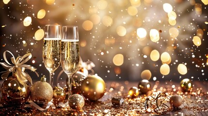 Two Glasses of Champagne with Gold Christmas Decorations