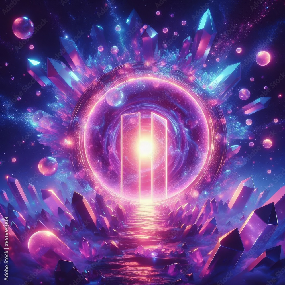 Poster a vivid and mesmerizing cosmic gateway surrounded by luminous crystals, creating an ethereal and oth