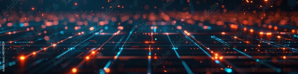 Poster dark minimalist background featuring a grid with broken connections and neon highlights, creating a 