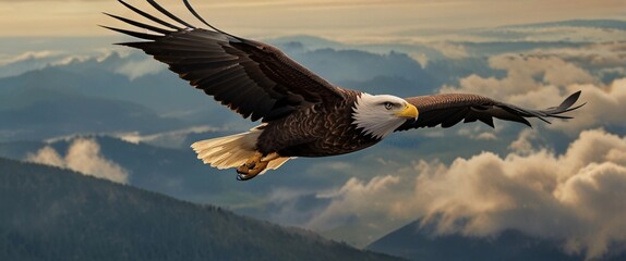 A majestic eagle soaring through the sky, its keen eyes scanning the landscape below for any signs of recognition from its prey.
