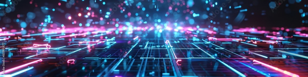 Poster dark futuristic backdrop with fragmented grid connections, illuminated by scattered neon lights, emp