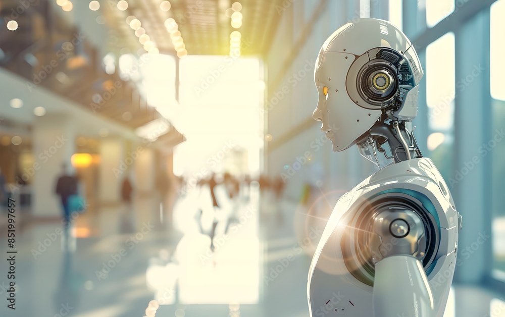 Poster humanoid robot with sunlight in modern interior. future robotic and cybernetic concept. futuristic a