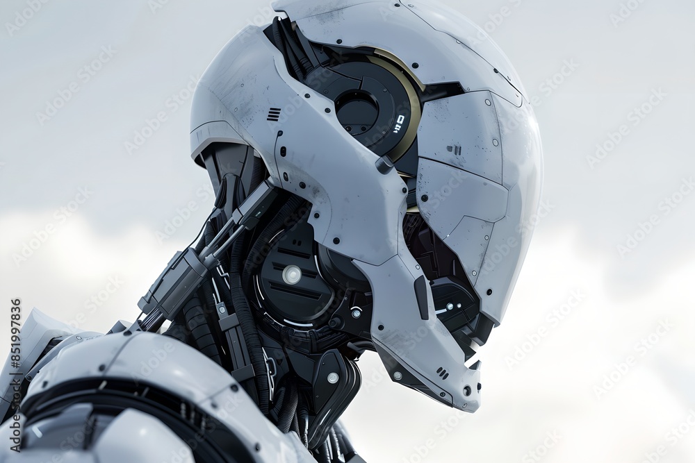 Poster Advanced sci-fi robot on white background. Future robotic and cybernetic concept. Futuristic artificial intelligence technology and robotization. 