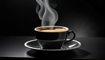 The scene is meticulously arranged with the espresso cup centered on a reflective black surface, capturing the contrast between the dark liquid and the light porcelain cup