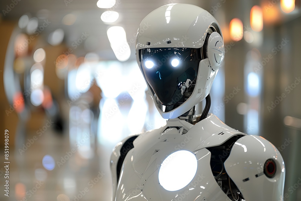 Poster humanoid robot in modern interior. future robotic and cybernetic concept. futuristic artificial inte