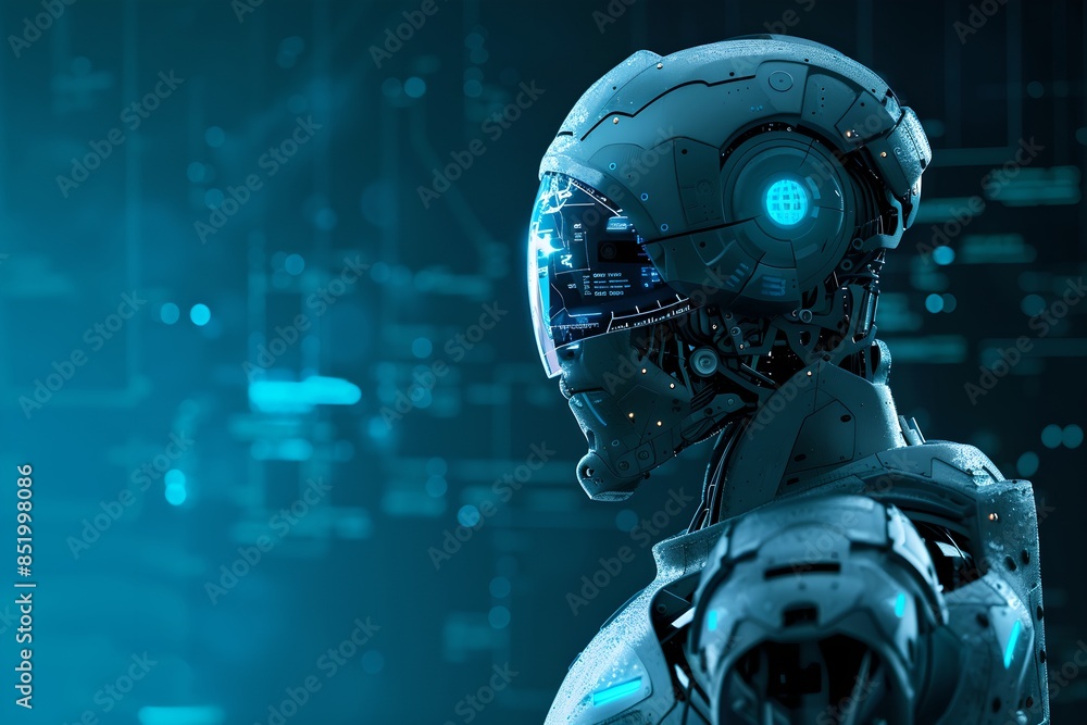 Poster humanoid robot with digital interface background. future robotic and cybernetic concept. futuristic 