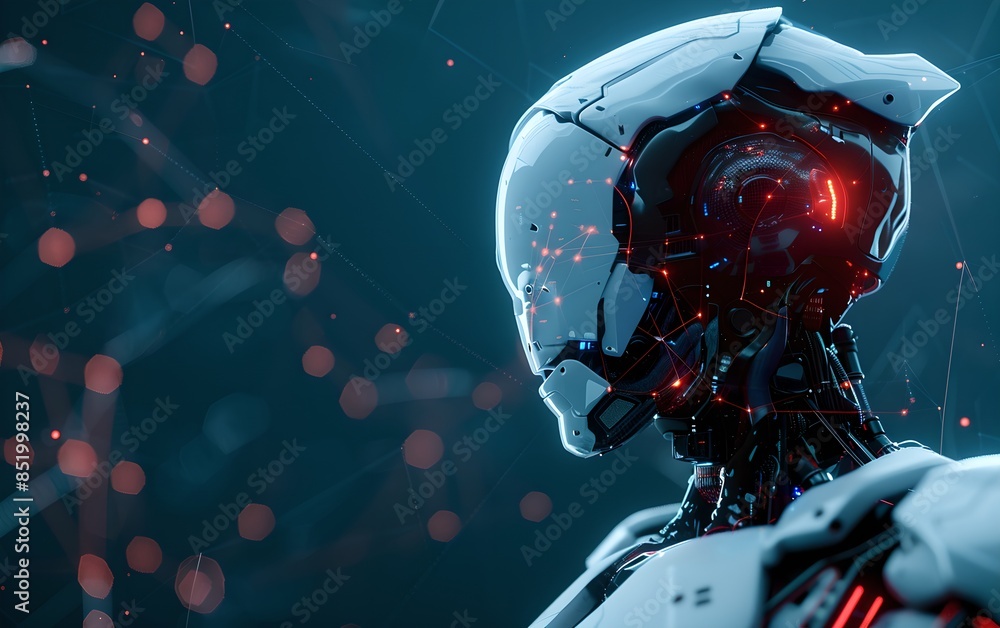 Poster humanoid robot on dark background with digital lights. future robotic and cybernetic concept. futuri
