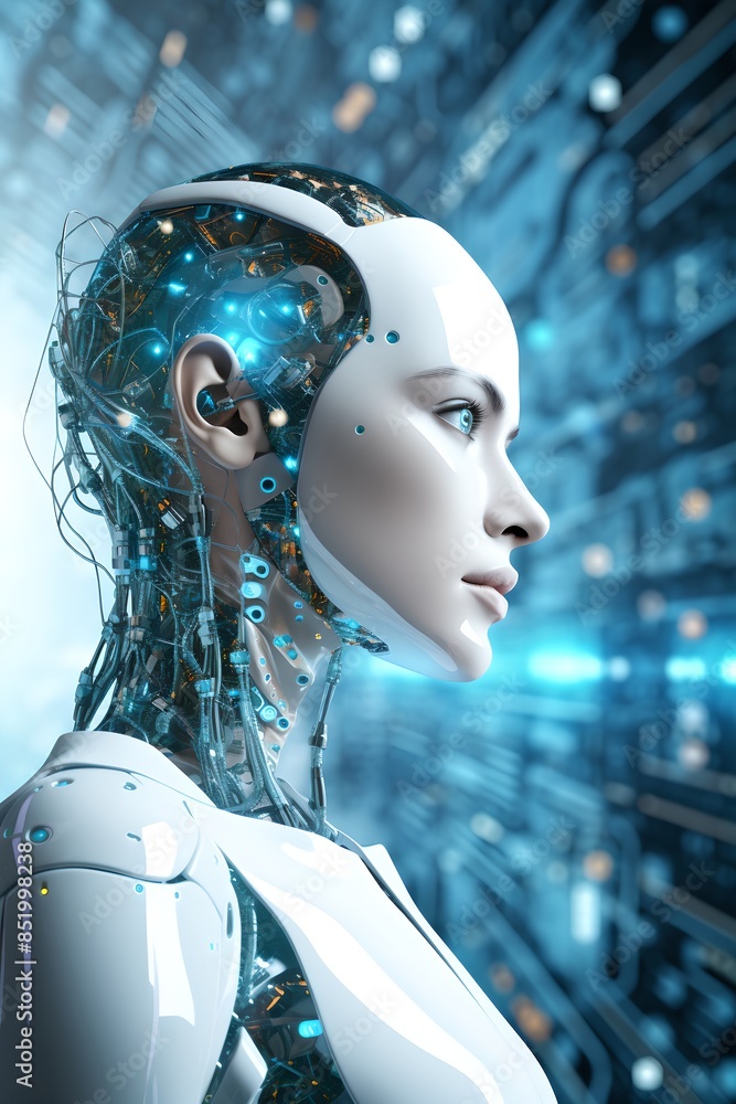 Poster female humanoid robot on digital elements interface background. future robotic and cybernetic concep