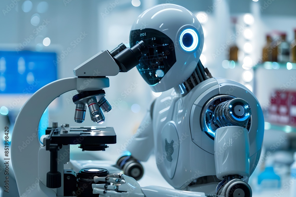 Poster assistant robot working on laptop in bright modern office. future robotic and cybernetic concept. fu