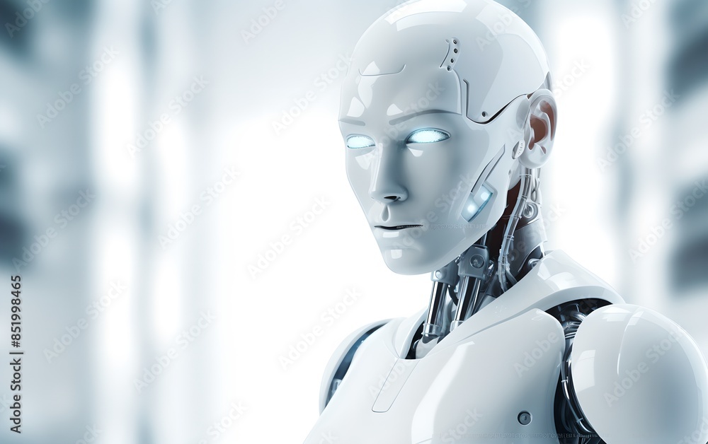 Poster humanoid robot with glowing eyes on bright background. future robotic and cybernetic concept. futuri