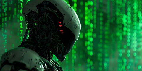 Advanced robot with digital binary code background. Future robotic and cybernetic concept. Futuristic artificial intelligence technology and robotization. Banner with copy space