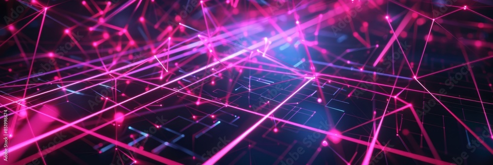 Poster dark tech background with neon-lit broken grid connections, creating a chaotic and futuristic visual