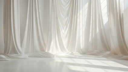 A serene white room adorned with large draped fabric panels, creating a soft and ethereal atmosphere. Light filters through the fabric