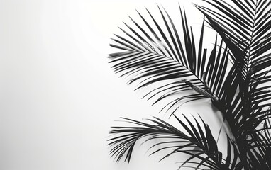 Obraz premium This image showcases a high-contrast silhouette of palm tree leaves against a bright white background. The stark black shapes create a minimalist and elegant visual