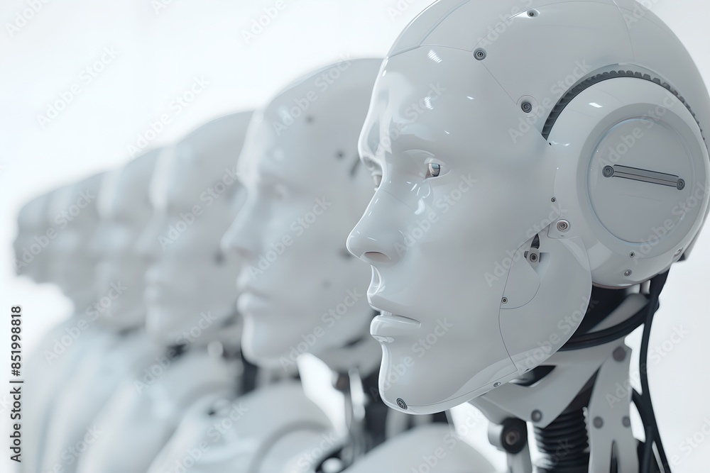 Poster group of humanoid robots in bright hall. future robotic and cybernetic concept. futuristic artificia