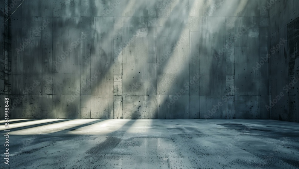 Poster an abstract image of an empty concrete wall bathed in light rays. the wall displays varying shades a
