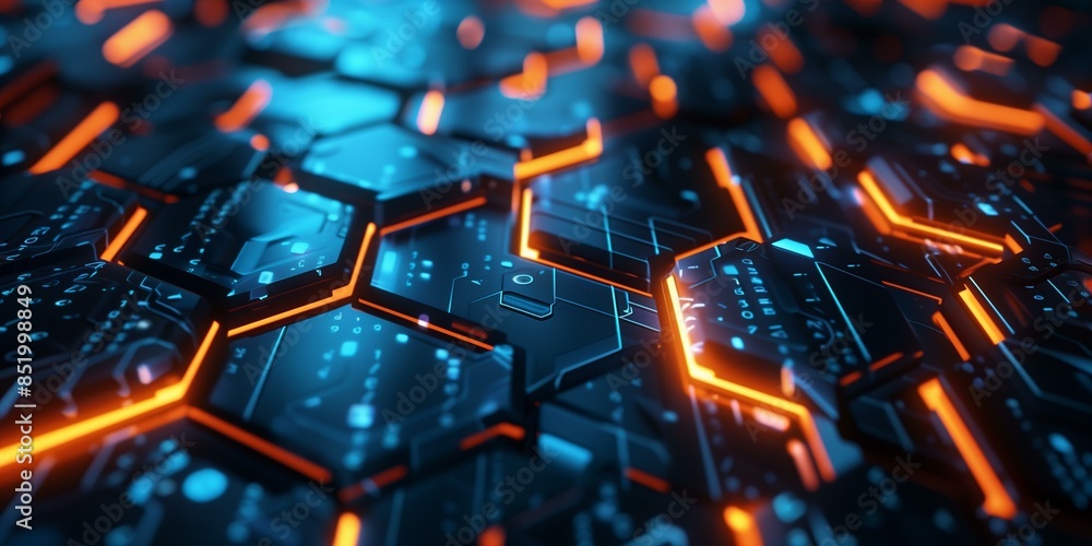 Poster an abstract background featuring glowing hexagons with digital circuitry patterns, illuminated by bl