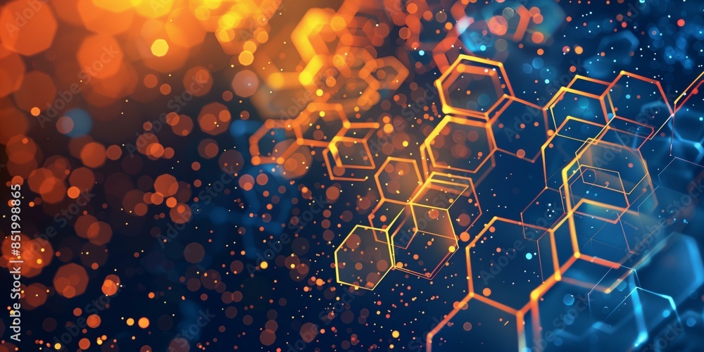 Poster a dynamic abstract background featuring glowing hexagons in vibrant shades of blue and orange, set a