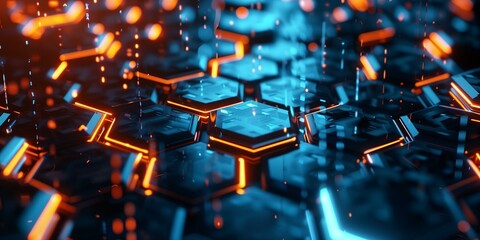 A visually captivating abstract background featuring glowing hexagons in vibrant blue and orange hues. The dark color scheme accentuates the luminous elements
