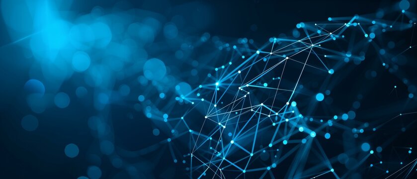 The image showcases an abstract background featuring glowing blue lines and a network of interconnected nodes. The composition highlights a dynamic and futuristic theme